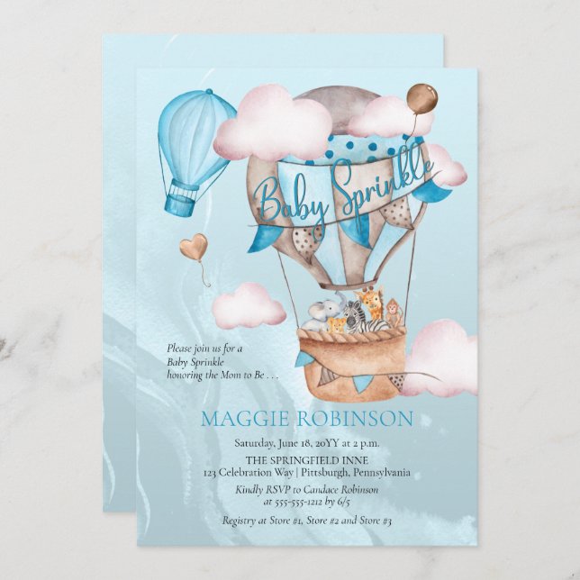 Invitación Safari Animales y globos Chico azul Espolvorea beb (Anverso / Reverso)