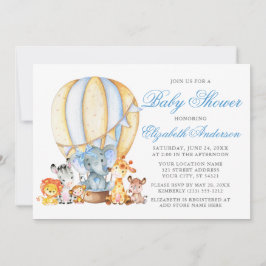 Invitación Safari Animals Air Balloon Blue Bow Baby Shower