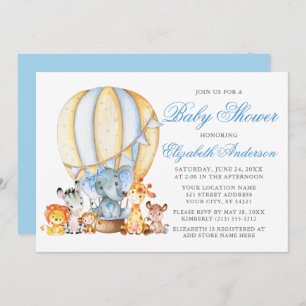 Invitación Safari Animals Air Balloon Blue Bow Baby Shower