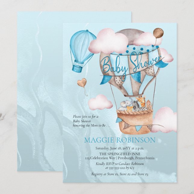 Invitación Safari Animals and Balloons Blue Boy Baby Shower (Anverso / Reverso)
