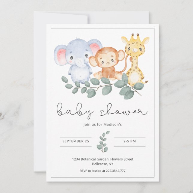 Invitación Safari Animals and Greenery Baby Shower (Anverso)