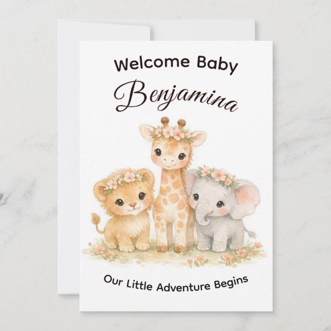 Invitación Safari Animals Baby Girl Floral Crown Shower     (Anverso)