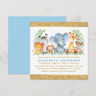 Invitación Safari Animals Baby Shower Blue Bow Gold Sq