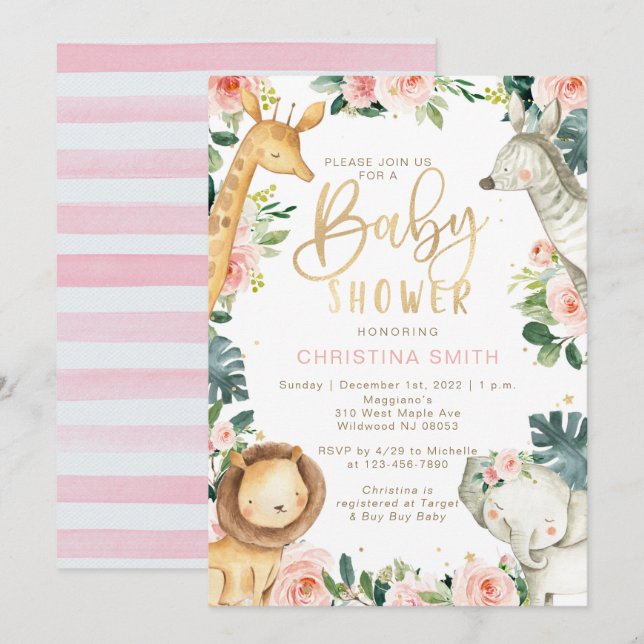Invitación Safari Animals Baby Shower Invitations for Girls (Anverso / Reverso)