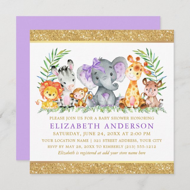 Invitación Safari Animals Baby Shower Violet Bow Purpurina Sq (Anverso / Reverso)