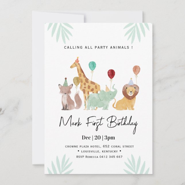 Invitación Safari Animals Birthday party (Anverso)