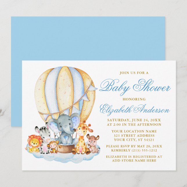 Invitación Safari Animals Blue Air Balloon Clouds Baby Shower (Anverso / Reverso)