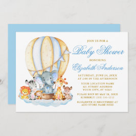 Invitación Safari Animals Blue Air Balloon Clouds Baby Shower