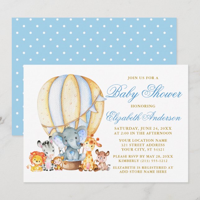 Invitación Safari Animals Blue Balloon Dots Baby Shower (Anverso / Reverso)