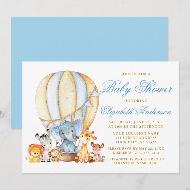 Invitación Safari Animals Blue Bow Air Balloon Baby Shower (Anverso / Reverso)