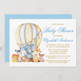 Invitación Safari Animals Blue Bow Air Balloon Baby Shower