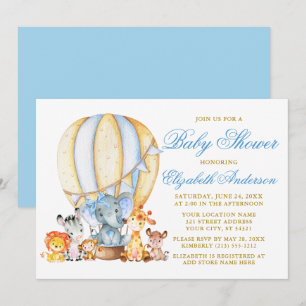 Invitación Safari Animals Blue Bow Air Balloon Baby Shower