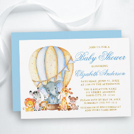Invitación Safari Animals Blue Hot Air Balloon Baby Shower