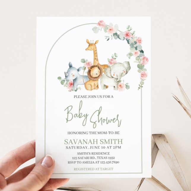 Invitación Safari Animals Floral Baby Shower  (Greenery Safari Animals Baby Shower Invitation)