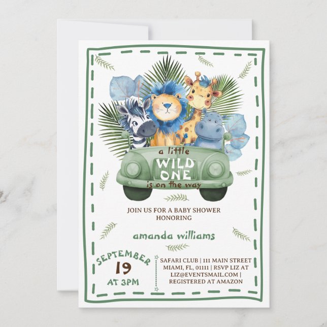 Invitación Safari Animals Green Car Baby Shower (Anverso)