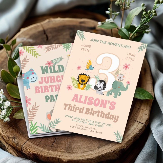 Invitación Safari Animals Pastel Tercer Cumpleaños (Subido por el creador)