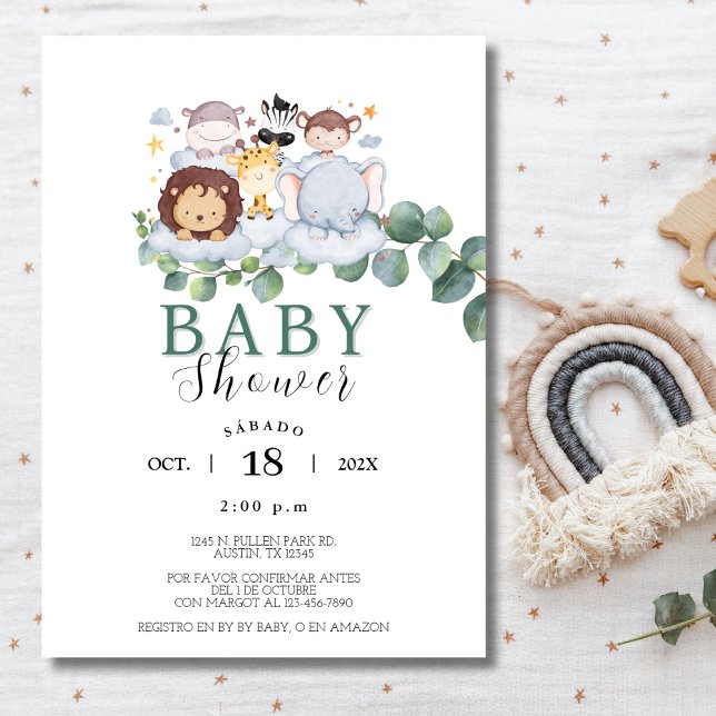 Invitación Safari Animals Selva Baby Shower Española (Safari Animals Spanish Baby Shower Jungle Invitation)