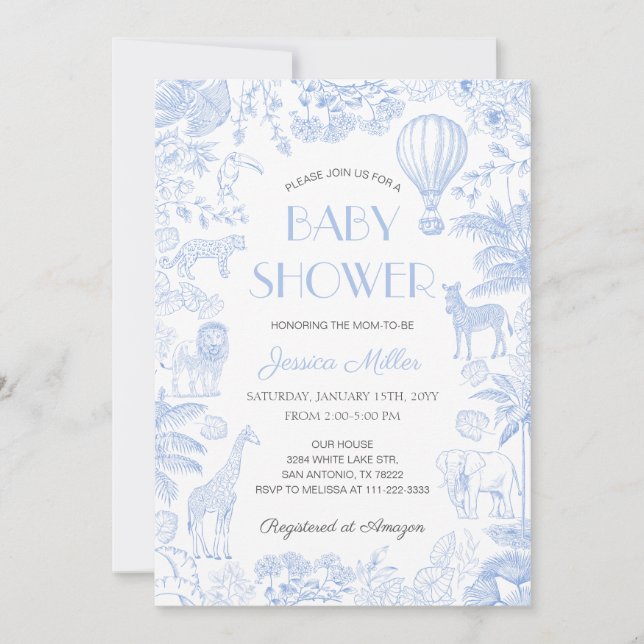 Invitación Safari Animals Toile De Jouy Boy Baby Shower (Anverso)