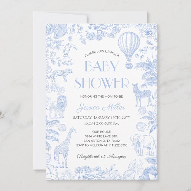Invitación Safari Animals Toile De Jouy Boy Baby Shower (Anverso)