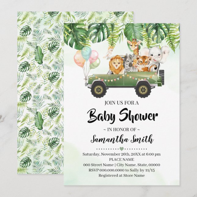 Invitación Safari Animals Tropical Jungle Zoo Baby Shower (Anverso / Reverso)