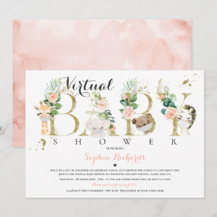 Invitación Safari Animals Virtual Baby Shower Greenery Gold