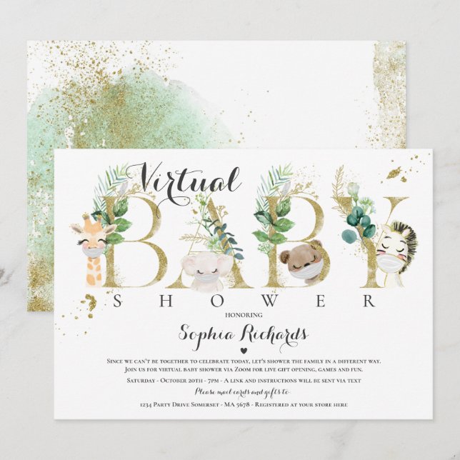 Invitación Safari Animals Virtual Baby Shower Greenery Gold (Anverso / Reverso)