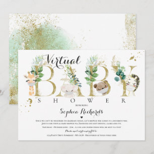 Invitación Safari Animals Virtual Baby Shower Greenery Gold