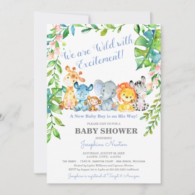 Invitación Safari Animals Wilgle Boy Baby Shower (Anverso)