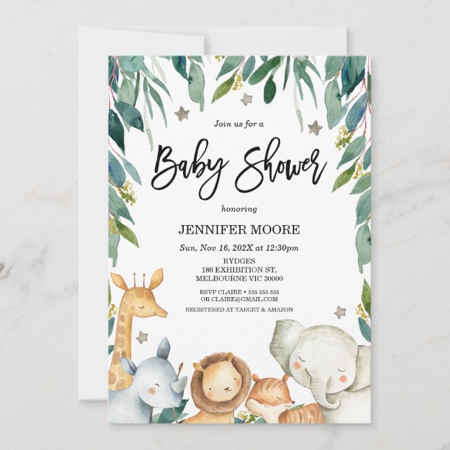 Invitación Safari Animals Y Foliage Baby Shower (Anverso)