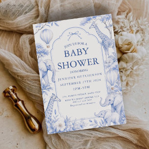 Invitación Safari Azul Chinoiserie Baby Shower Toile De Jouy