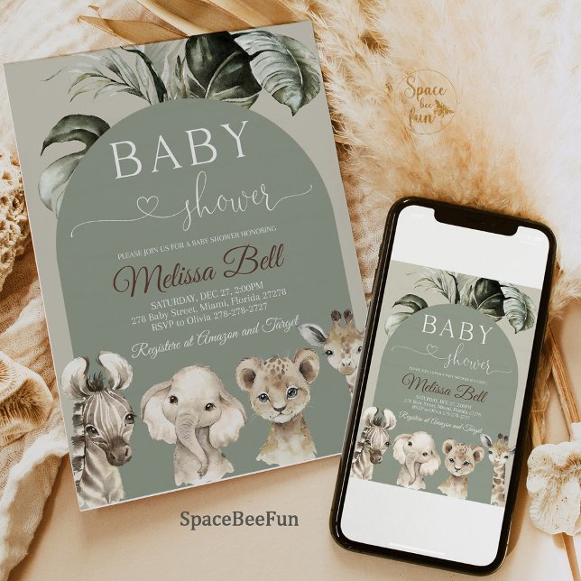 Invitación Safari Baby Ducha (Safari Baby Shower Invitation, Jungle Theme Baby Shower Invite, Boho Sage Baby Shower Invitation, Yo)