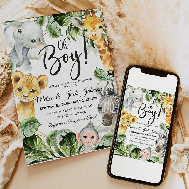 Invitación Safari Baby Duke Invitation Boy, Jungl Wild baby b (Safari Baby Shower Baby Boy Shower invitation with jungle animals like lions, giraffes, and elephant)