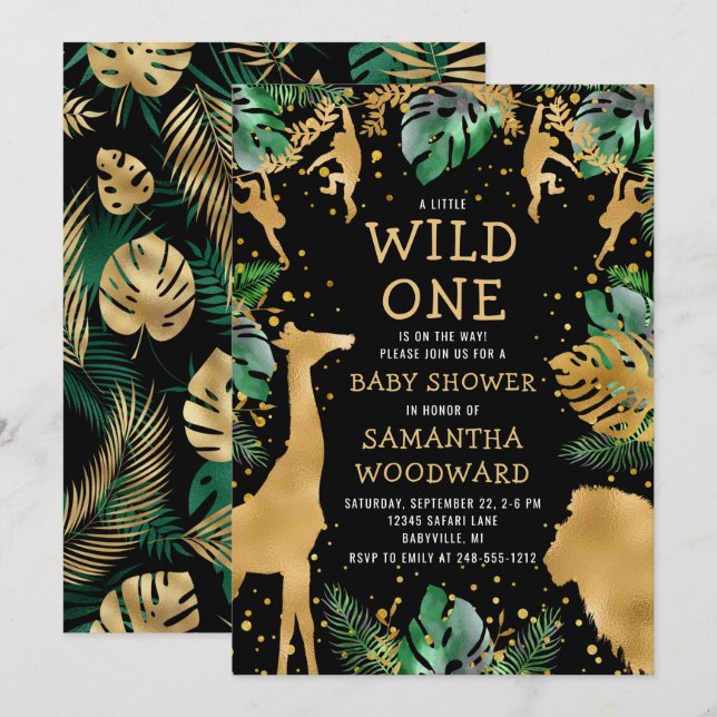 Invitación Safari Baby Shower Black Gold (Anverso / Reverso)