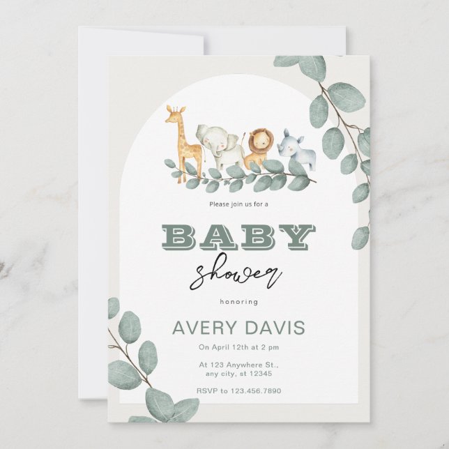 Invitación Safari Baby Shower de marca personalizado Greenery (Anverso)