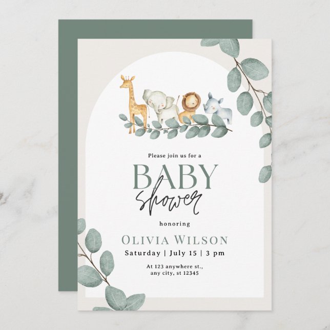 Invitación Safari Baby Shower Invite, Greenery Jungle Neutral (Anverso / Reverso)
