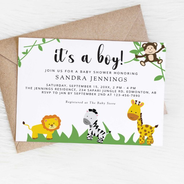 Invitación Safari Baby Shower Jungle Animals Cute Boy (Subido por el creador)