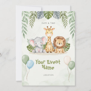 Invitación Safari Bebé Animal Follaje Salvia