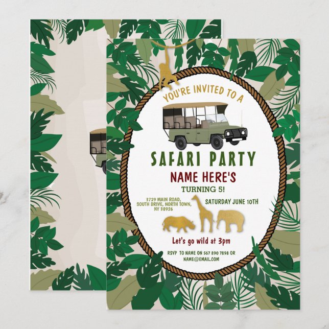Invitación Safari Birthday Party Animals Wild Truck Jungle (Anverso / Reverso)