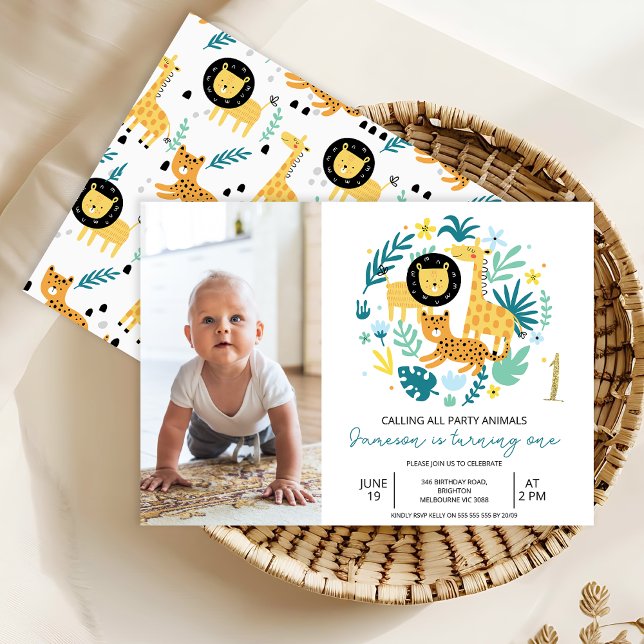 Invitación Safari Blue llama a todos los animales Fiestas pri (Calling All Party Animals Safari 1st Birthday Invitation Baby Boy,
Photo Safari Wild One Birthday)