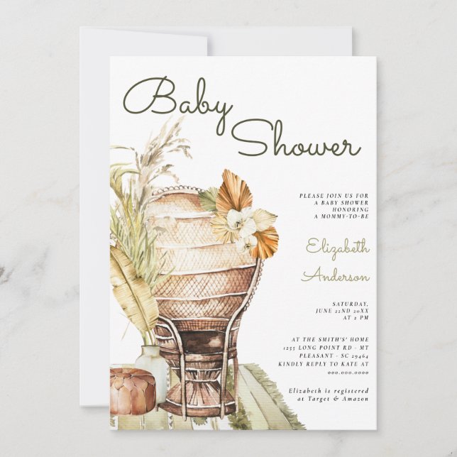 Invitación Safari Bohemian Green Pampas Boho Baby Shower (Anverso)