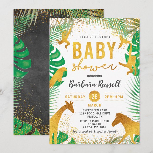 Invitación Safari Boy Baby Shower de los animales de la jungl (Anverso / Reverso)