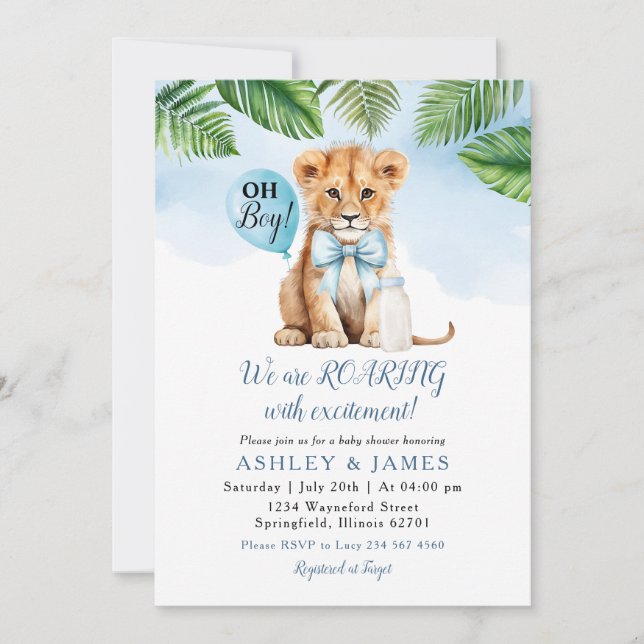 Invitación Safari Boy Lion Greenery Emparejamiento Baby Showe (Anverso)