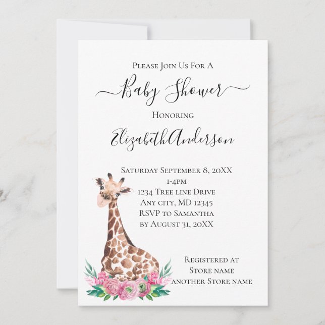 Invitación Safari Cría de Jirafa con Flores Rosas (Anverso)