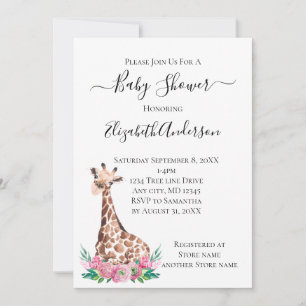 Invitación Safari Cría de Jirafa con Flores Rosas