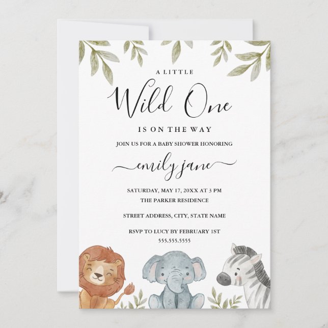 Invitación Safari Cute Animales Chica Niño Baby Shower (Anverso)