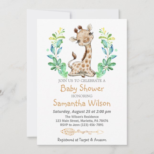 Invitación Safari Cute Baby Giraffe Wild Baby Shower (Anverso)