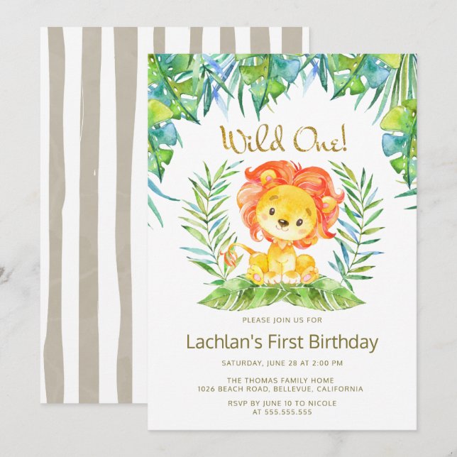 Invitación Safari Cute Lion Wild Fiesta de primer cumpleaños (Anverso / Reverso)