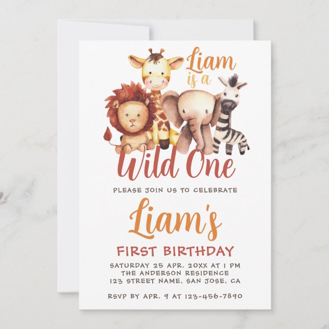 Invitación Safari de animales salvajes León Jirafa Cumpleaños (Anverso)