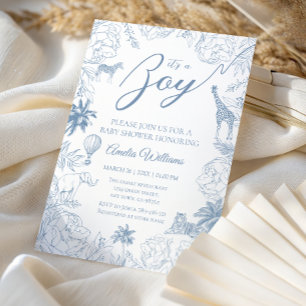 Invitación Safari de la Jungla Azul para Baby Shower de Niño 