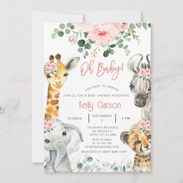 Invitación Safari de la jungla de animales Oh Baby Shower (Anverso)